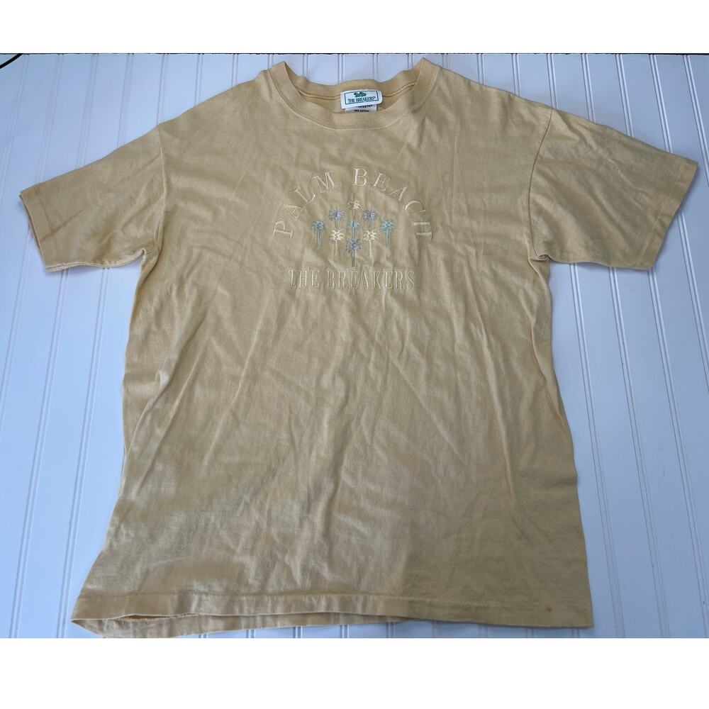 Vintage Palm Beach The Breakers Embroidered Yellow T Shirt Palm Trees Size Large